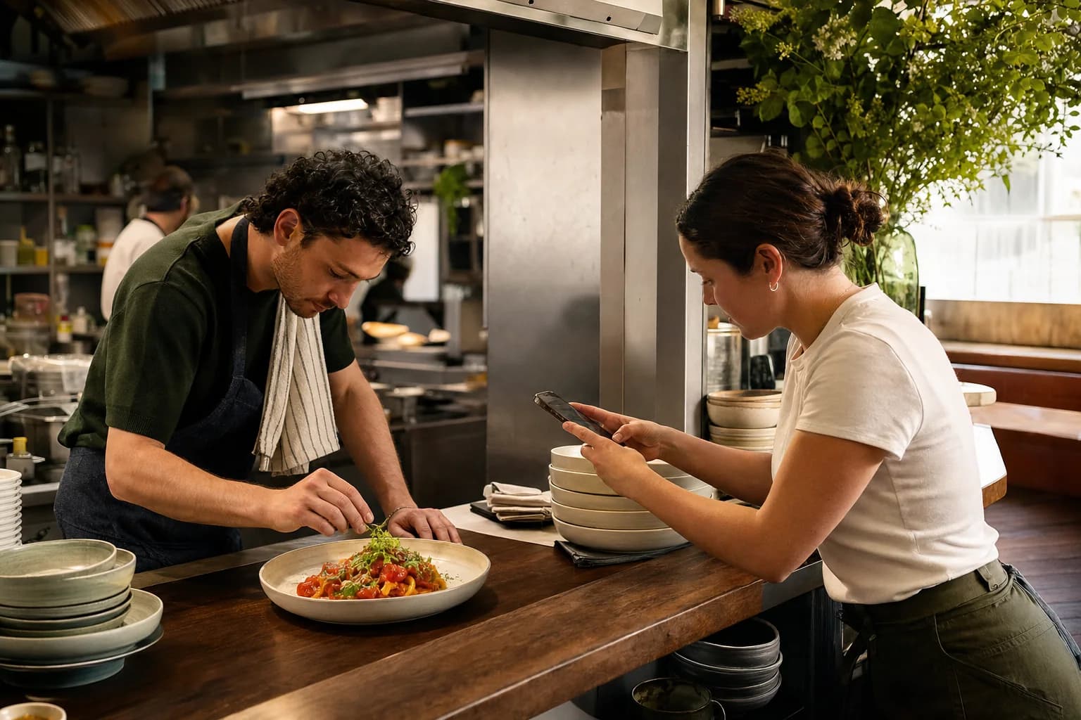 A restaurant team capturing a finished dish before service